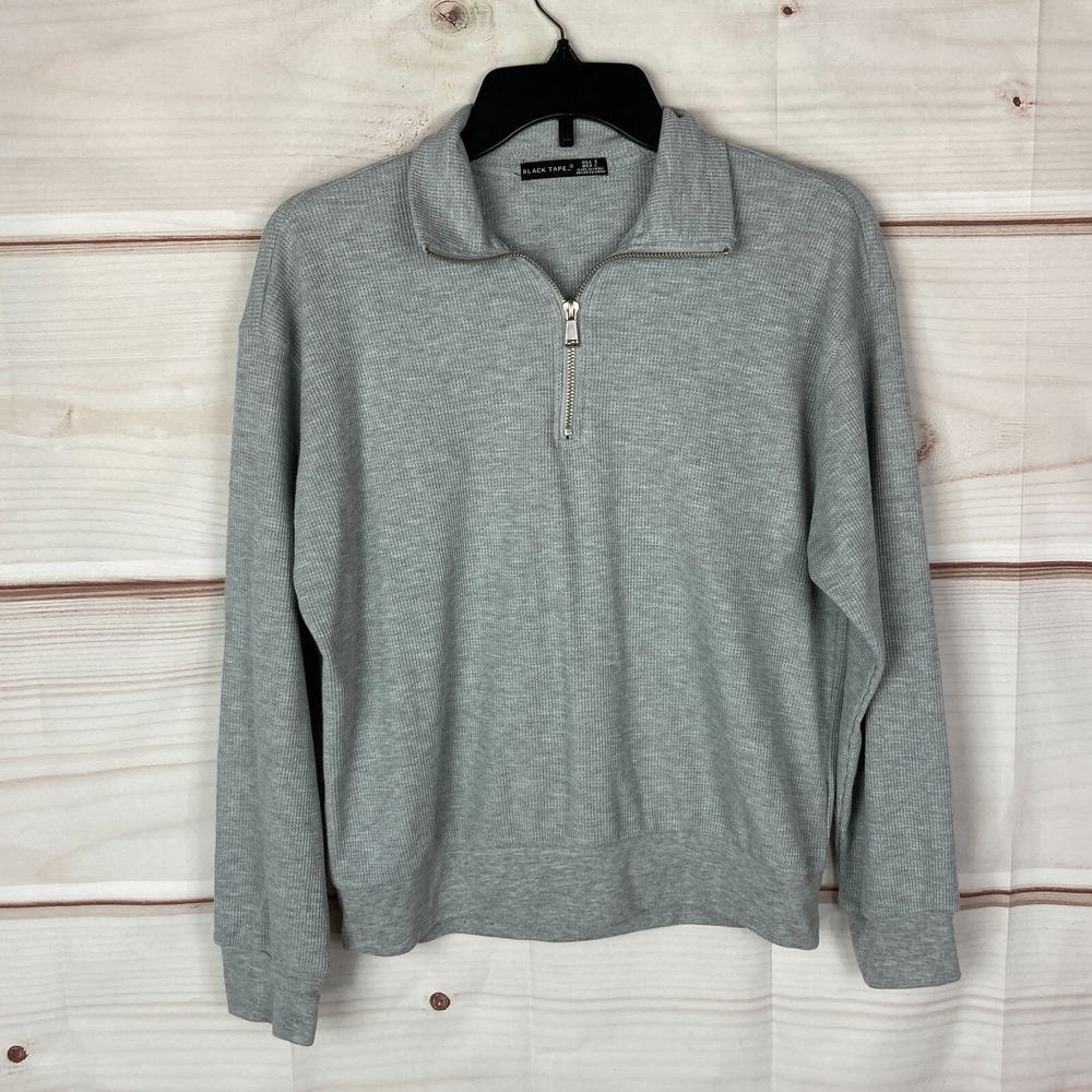 Black Tape Top Womens Small Gray Waffle Knit 1/4 Zip Pullover Long Sleeve Collar